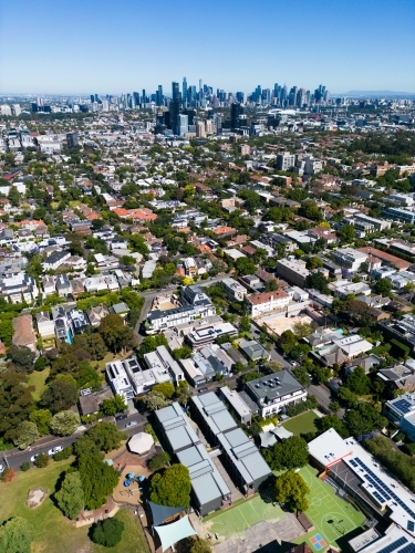 Aerial image above the Melbourne suburb of Toorak looking towards the CBD - Australian Stock Image