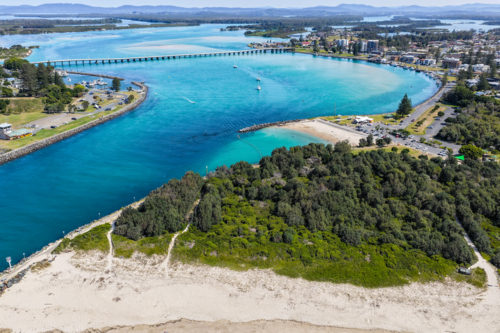 Aerial image capturing the Wallis Lake channel between Forster and Tuncurry - Australian Stock Image