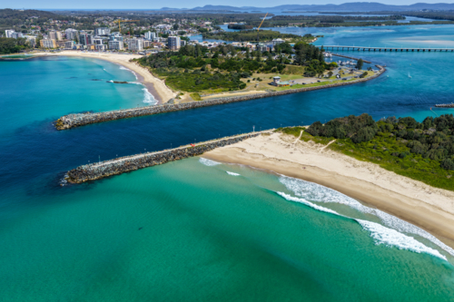 Aerial image capturing the Wallis Lake channel between Forster and Tuncurry - Australian Stock Image