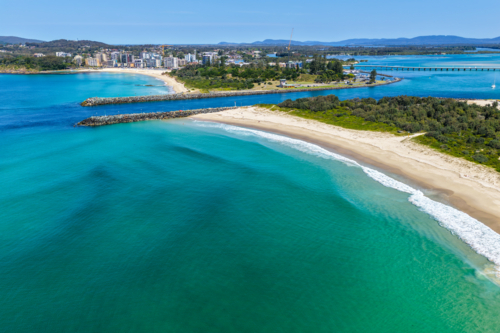 Aerial image capturing the Wallis Lake channel between Forster and Tuncurry - Australian Stock Image