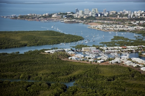 Aerial image looking over bushland towards harbour and city - Australian Stock Image