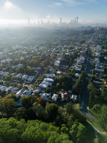 Aerial image looking towards the Brisbane CBD from the northern suburb of Ashgrove - Australian Stock Image