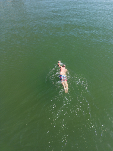 Aerial image of an open water swimmer off Suttons Beach, Redcliffe - Australian Stock Image