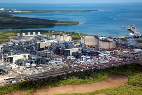 Aerial image of industrial plant in construction on the harbour - Australian Stock Image
