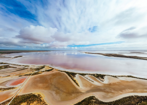 Aerial imagery of the famous and popular Lake Tyrrell which is a large salt lake - Australian Stock Image