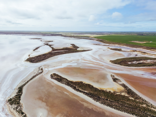 Aerial imagery of the famous and popular Lake Tyrrell which is a large salt lake near Sea Lake - Australian Stock Image