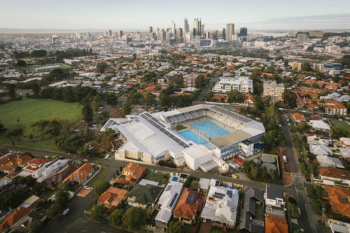 Aerial of Beatty Park Leisure Centre and Perth city skyline from North Perth in Western Australia - Australian Stock Image