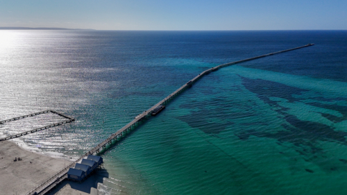Aerial of Busselton Jetty on a sunny day - Australian Stock Image