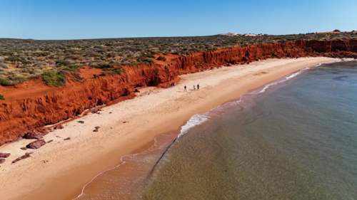 Aerial of family walking along beach where red cliffs meet white sand and water - Australian Stock Image