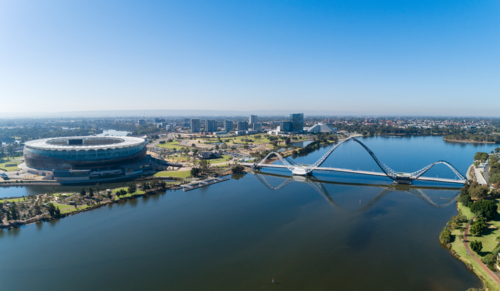 Aerial Of Matagarup Bridge & Stadium, Swan River Perth - Australian Stock Image
