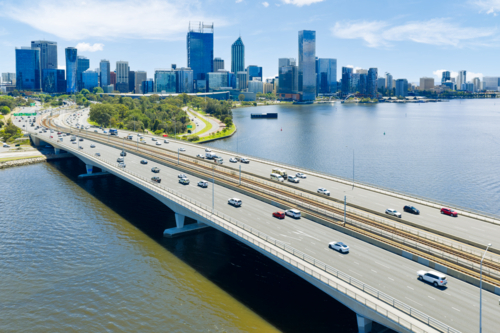 Aerial Of Perth City And Narrows Bridge Over Swan River - Australian Stock Image