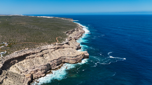Aerial of remote rocky sea cliffs - Australian Stock Image