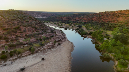 Aerial of river at sunrise - Australian Stock Image