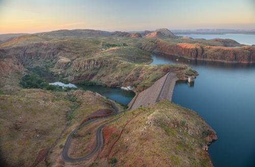 Aerial of sunset at Lake Argyle, Western Australia - Australian Stock Image