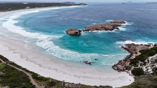 Aerial of view of a coastal bay at Cape Le Grand National Park - Australian Stock Image