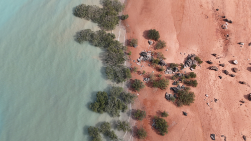 Aerial of water meeting red sand with bushes and rocks - Australian Stock Image