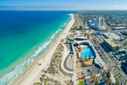 Aerial Over Scarborough Beach Townsite Coastline - Australian Stock Image