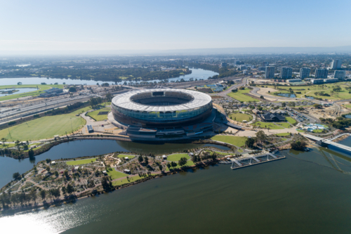 Aerial overhead of Perth Stadium In Burswood park Western Australia - Australian Stock Image