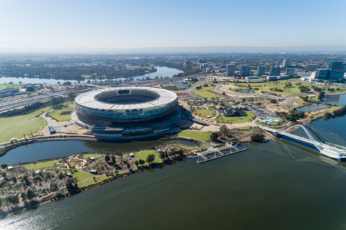 Aerial overhead of Perth Stadium In Burswood park Western Australia - Australian Stock Image
