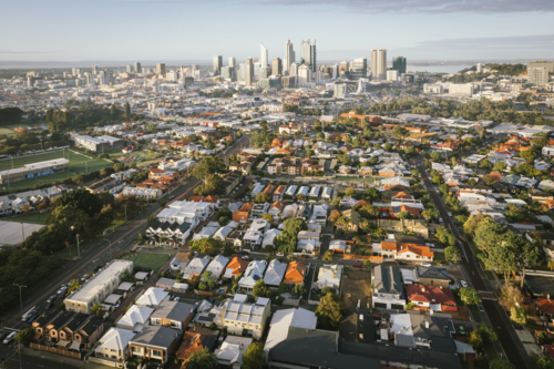 Aerial Perth city skyline from North Perth in Western Australia - Australian Stock Image