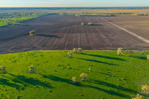 Aerial scene showcasing cultivated farmland surrounded by a lush green landscape - Australian Stock Image
