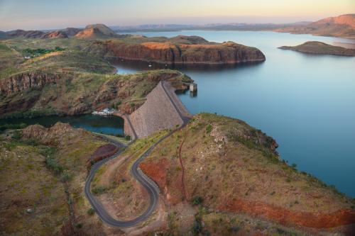 Aerial view at sunset of Lake Argyle dam wall - Australian Stock Image