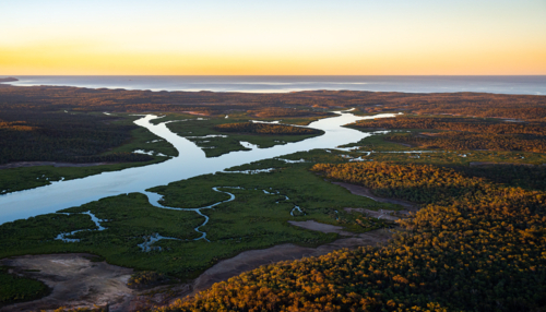 Aerial view Graham Creek Curtis Island - Australian Stock Image