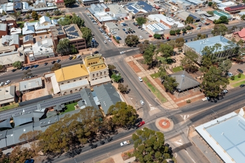 Aerial view historic buildings and shops in the streets of an outback town