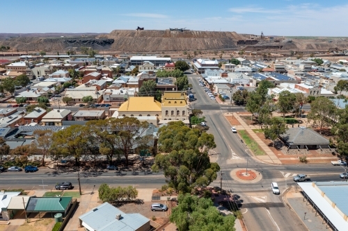 Aerial view historic buildings and shops in the streets of an outback town