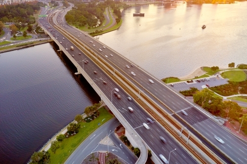 Aerial view looking down on the morning traffic on the Narrows Bridge in Perth, Western Australia