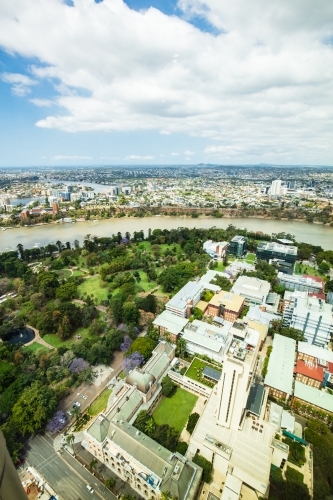 Aerial view looking south over the Brisbane City Botanic Gardens and Queensland Parliament - Australian Stock Image