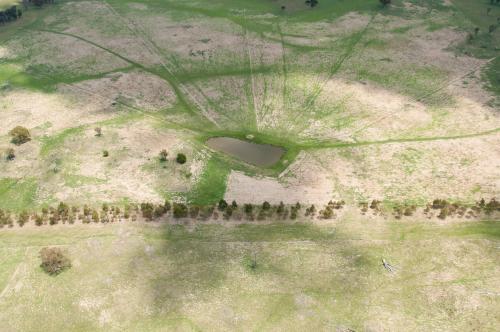 Aerial view of a country dam with stock tracks radiating out - Australian Stock Image