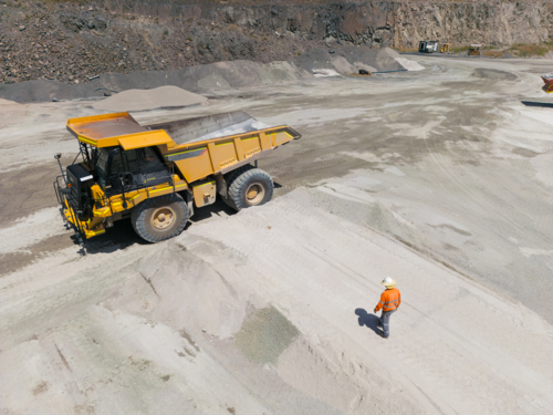 Aerial view of a dump truck in an open cut mine - Australian Stock Image