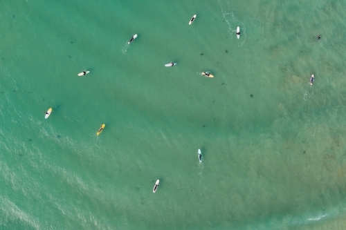 Aerial view of a group of surfers sitting in calm turquoise water waiting for waves