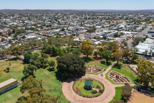 Aerial view of a landscaped garden in an an out back town