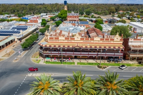 Aerial view of a large country hotel in a regional town - Australian Stock Image