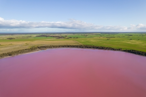 Aerial view of a natural phenomenon of a pink lake. - Australian Stock Image