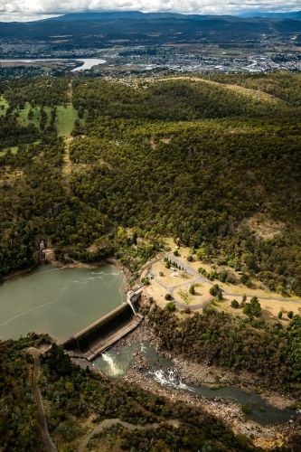 Aerial view of a reservoir dam