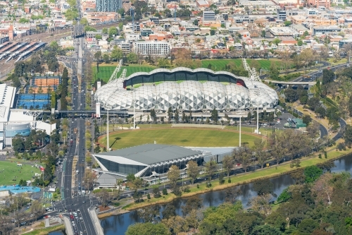 Aerial view of AAMI Park, Olympic Park, Yarra River and Olympic Boulevard