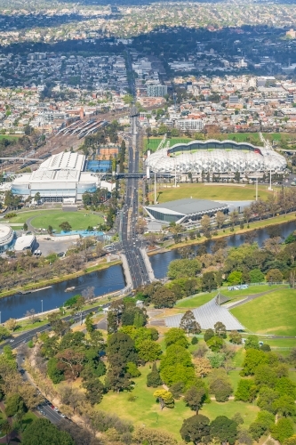 Aerial view of AAMI Park, Olympic Park, Yarra River and the Sidney Myer Music Bowl - Australian Stock Image