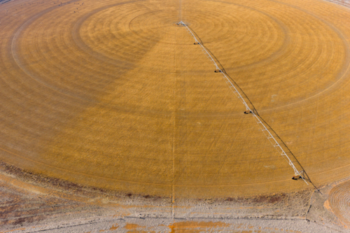Aerial view of an irrigation sprinkler on a circular crop - Australian Stock Image