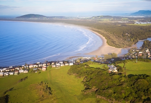 Aerial view of beach and coastal town