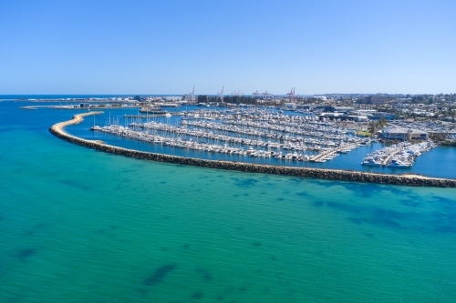 Aerial view of boats groyne at Fremantle Sailing Club, Western Australia - Australian Stock Image