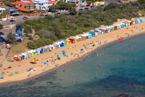 Aerial view of Brighton Bathing Boxes - Australian Stock Image