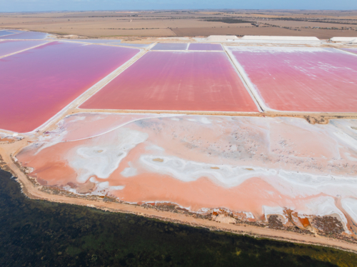 Aerial view of colourful salt evaporation ponds and levee banks at a coastal salt farm - Australian Stock Image