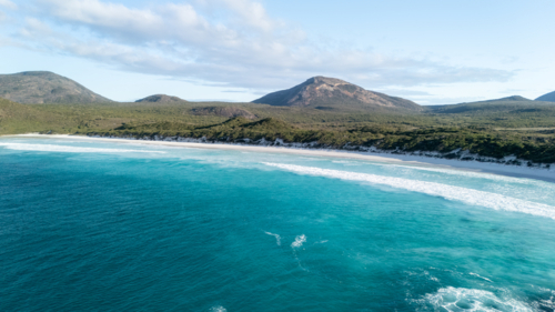 Aerial view of crescent-shaped beach with turquoise water - Australian Stock Image
