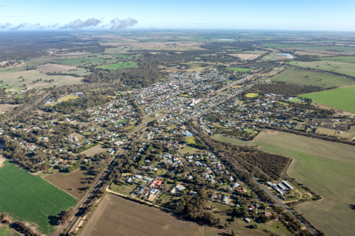 Aerial view of Dimboola township surrounded by farmland - Australian Stock Image