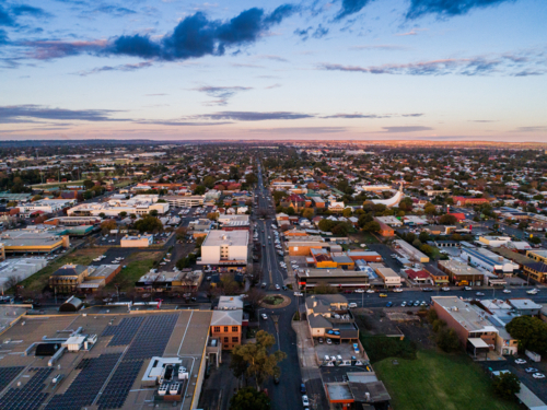Aerial view of Dubbo city in the Orana Region of New South Wales, Australia at sunset - Australian Stock Image