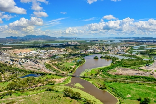 Aerial view of East Gladstone, creeks and power station - Australian Stock Image