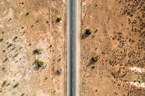Aerial view of Eyre Highway and Nullarbor Plain near Cocklebiddy, Western Australia.